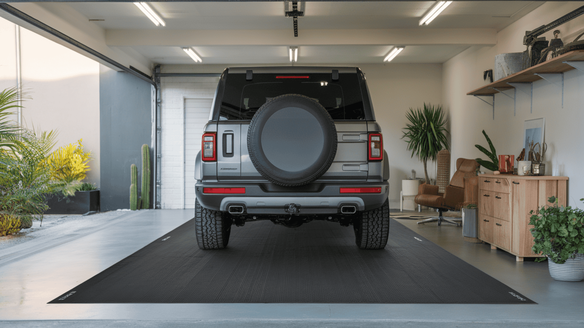 The rear view of a silver SUV parked inside a modern, well-lit garage on a dark grey interlocking tile floor mat.