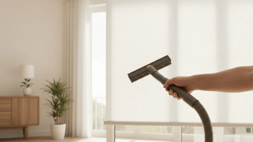 Vacuuming a fully extended fabric roller blind using a brush attachment.