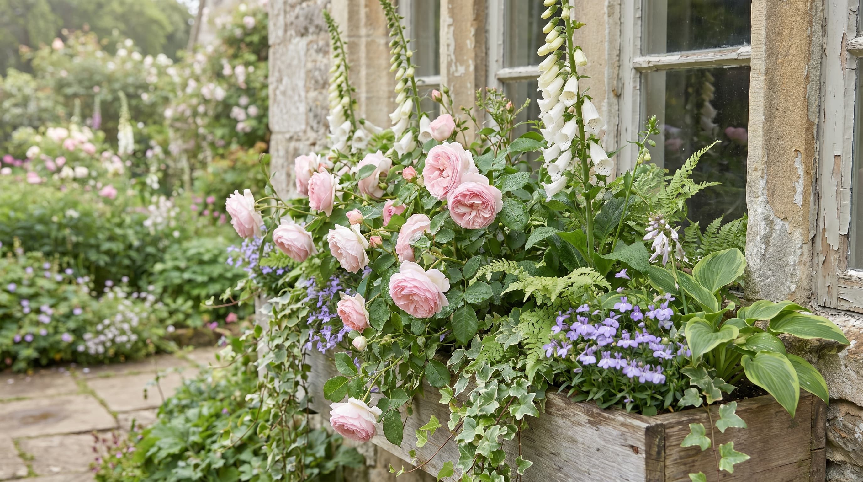 Romantic English garden blooms displaying charming window box ideas.