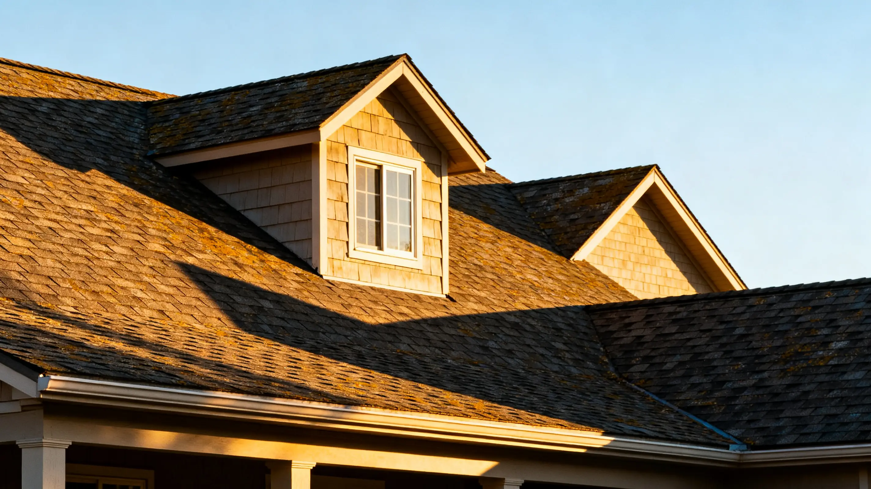 Gabled dormer windows on shingle roof illuminated by warm afternoon sunlight