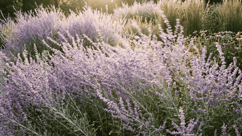 An airy, hazy cloud of tiny violet-blue flowers on silvery-white Russian sage stems.