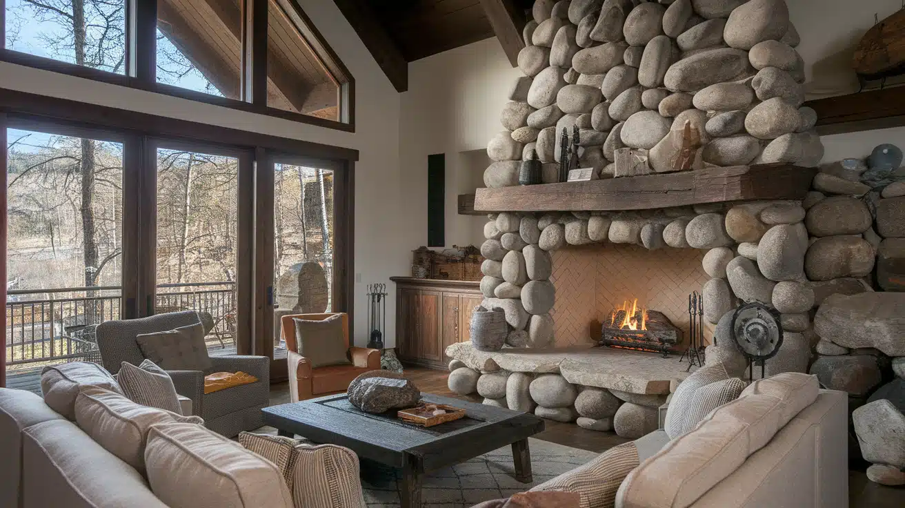 Rustic living room with an oversized boulder stone fireplace, high vaulted ceilings, and a large beige sectional.