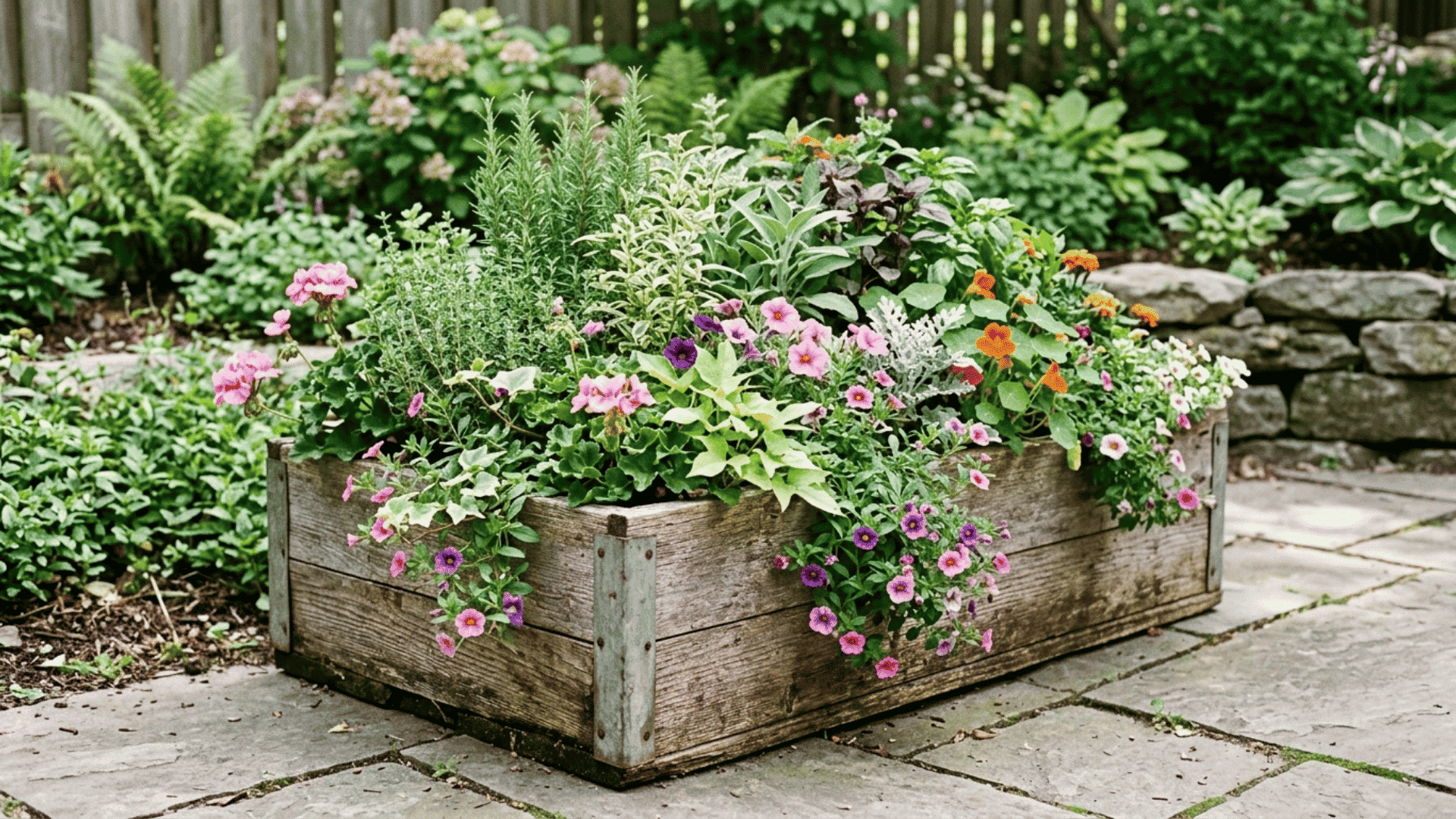 Rustic wooden flower box on a stone patio, filled with pink, purple, white, and orange flowers and green foliage.