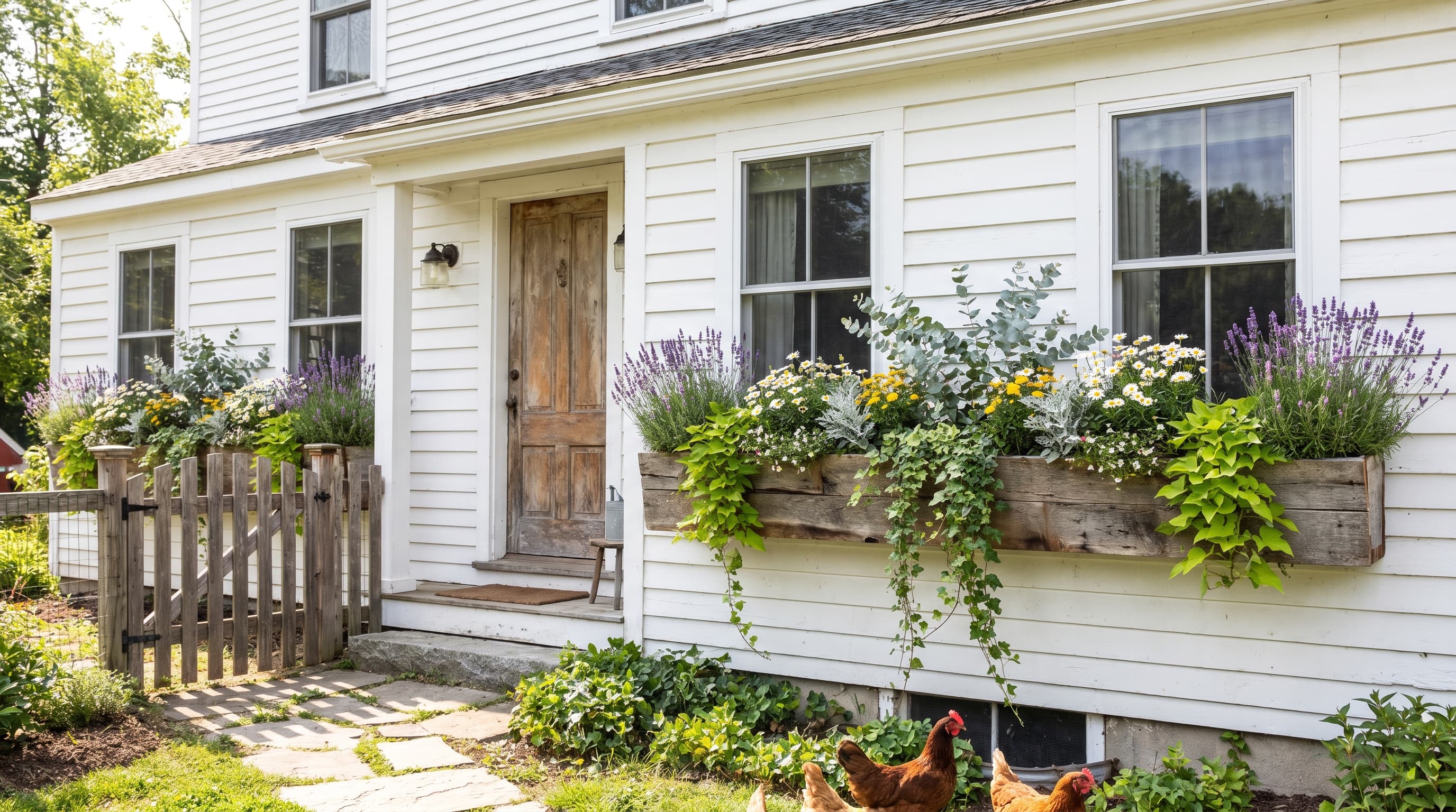 Rustic farmhouse window box with white flowers, soft grasses, and cascading silvery foliage.