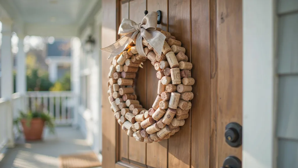 Rustic wine cork wreath hanging on wooden front door with ribbon.