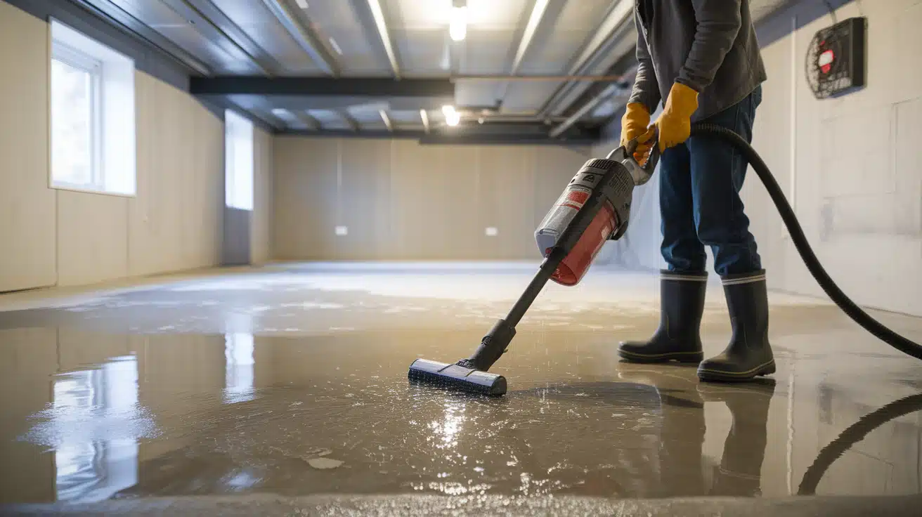 A worker in boots and gloves using a wet vacuum to clear standing water from a flooded concrete basement floor.