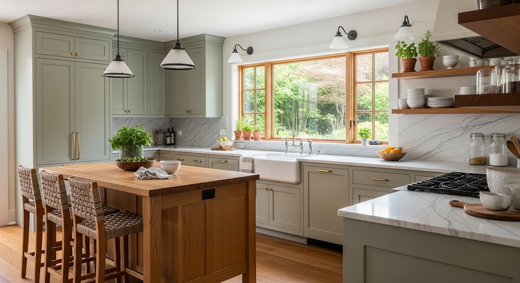 Craftsman kitchen with sage green cabinets, wood-framed windows, and a central butcher block island.