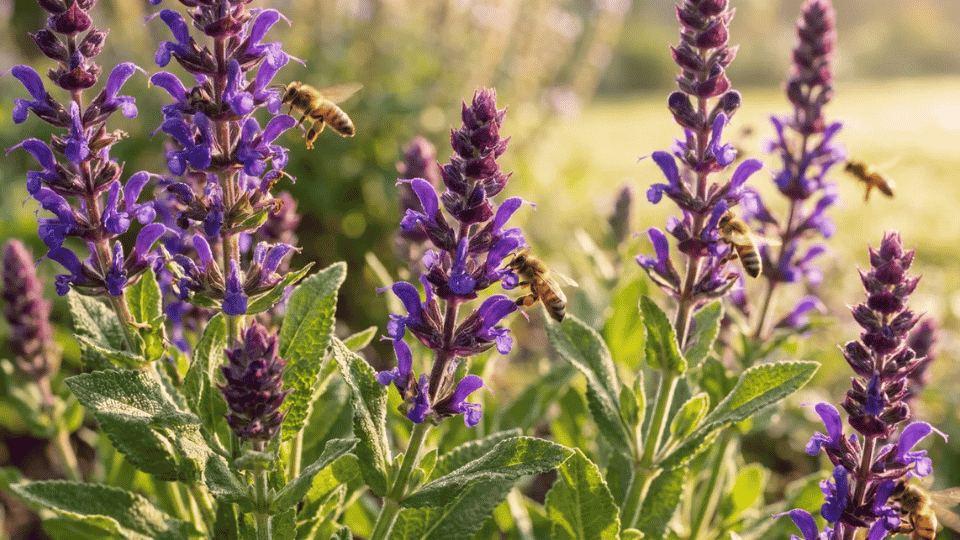 Sharp, upright spikes of vivid purple-blue salvia flowers growing on near-black stems in summer light.