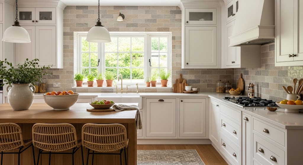Natural sandstone tiles in soft, warm earthy tones providing a matte finish kitchen backsplash.