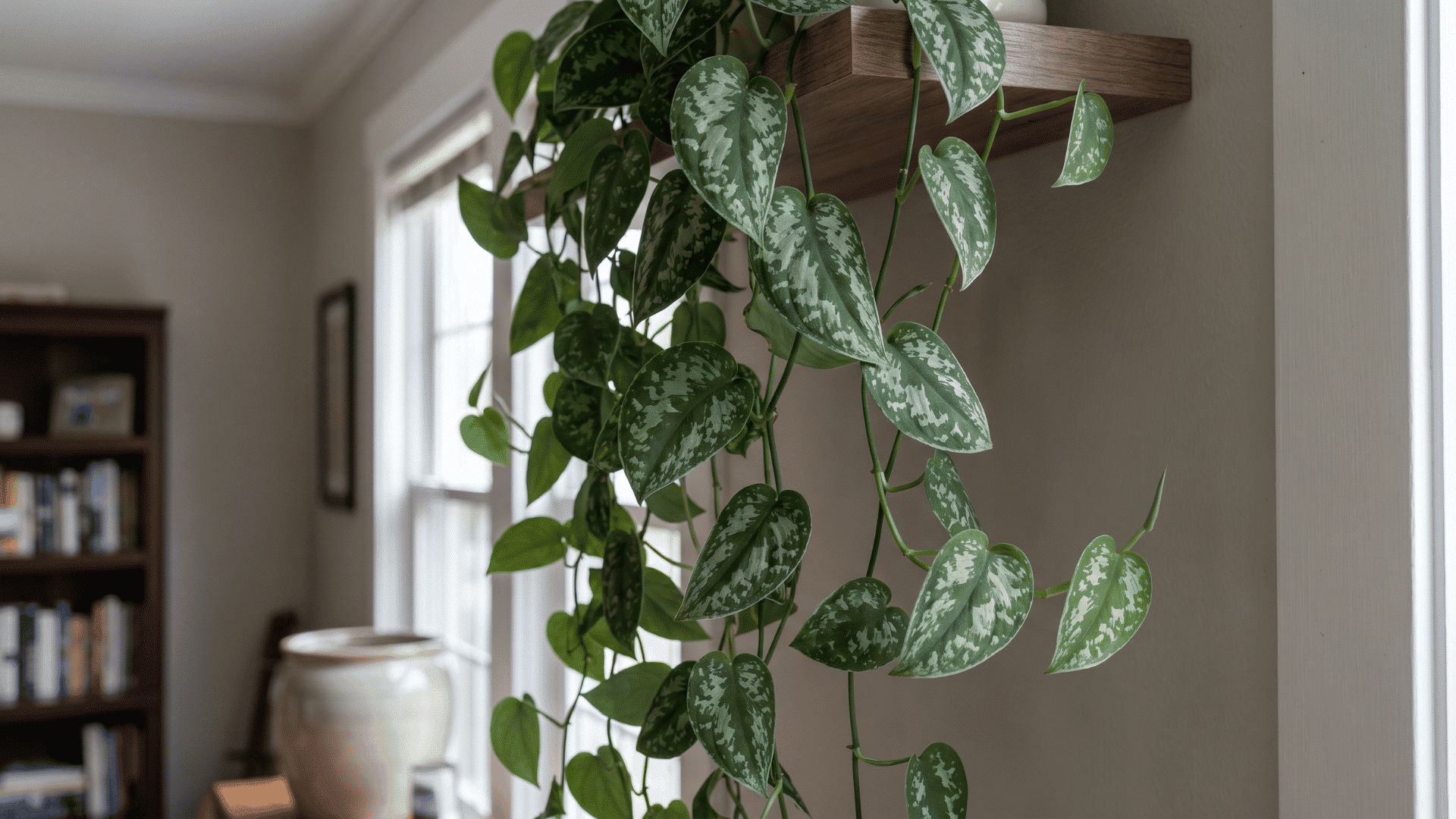 Satin Pothos trailing from a shelf with heart-shaped leaves and silver splotches.