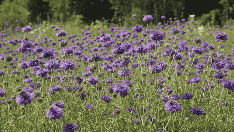 A close-up of a single pincushion flower with ruffled outer lavender petals and a raised center filled with pale pins.