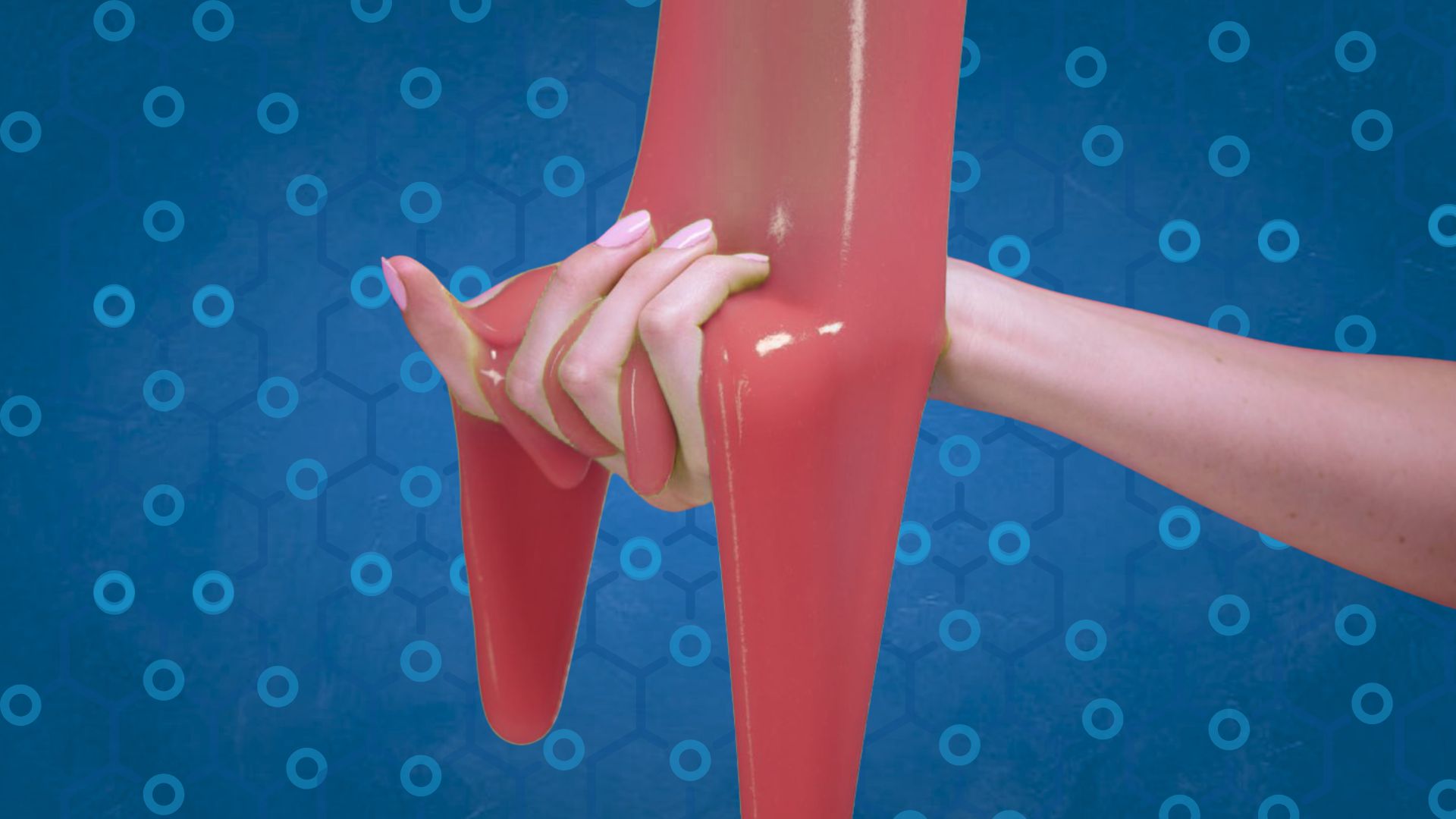A hand stretches glossy red slime in long strands against a blue background with faint molecular patterns, illustrating the science behind slime.