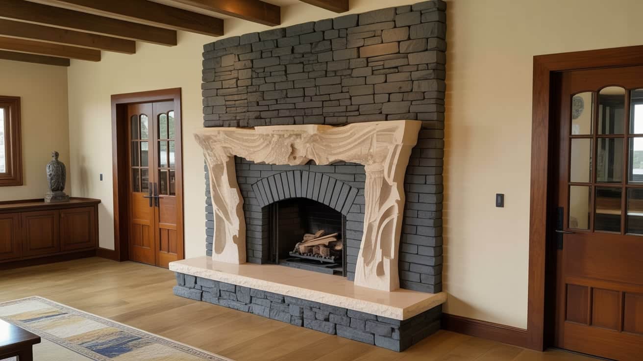 Luxury living room featuring a custom-carved stone mantel and fireplace surround against a dark stacked rock wall.