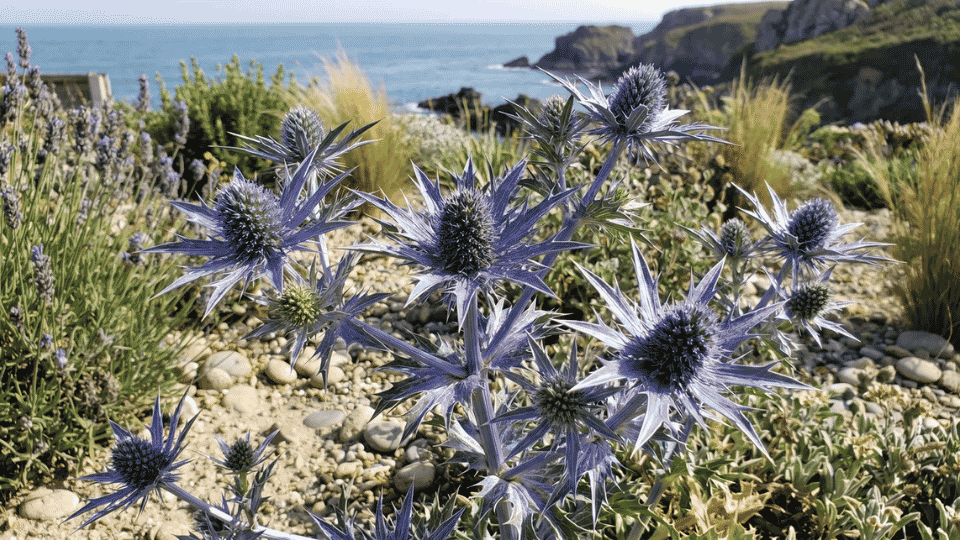 Cone-shaped sea holly flower heads surrounded by sharp, star-like bracts in metallic steel-blue.