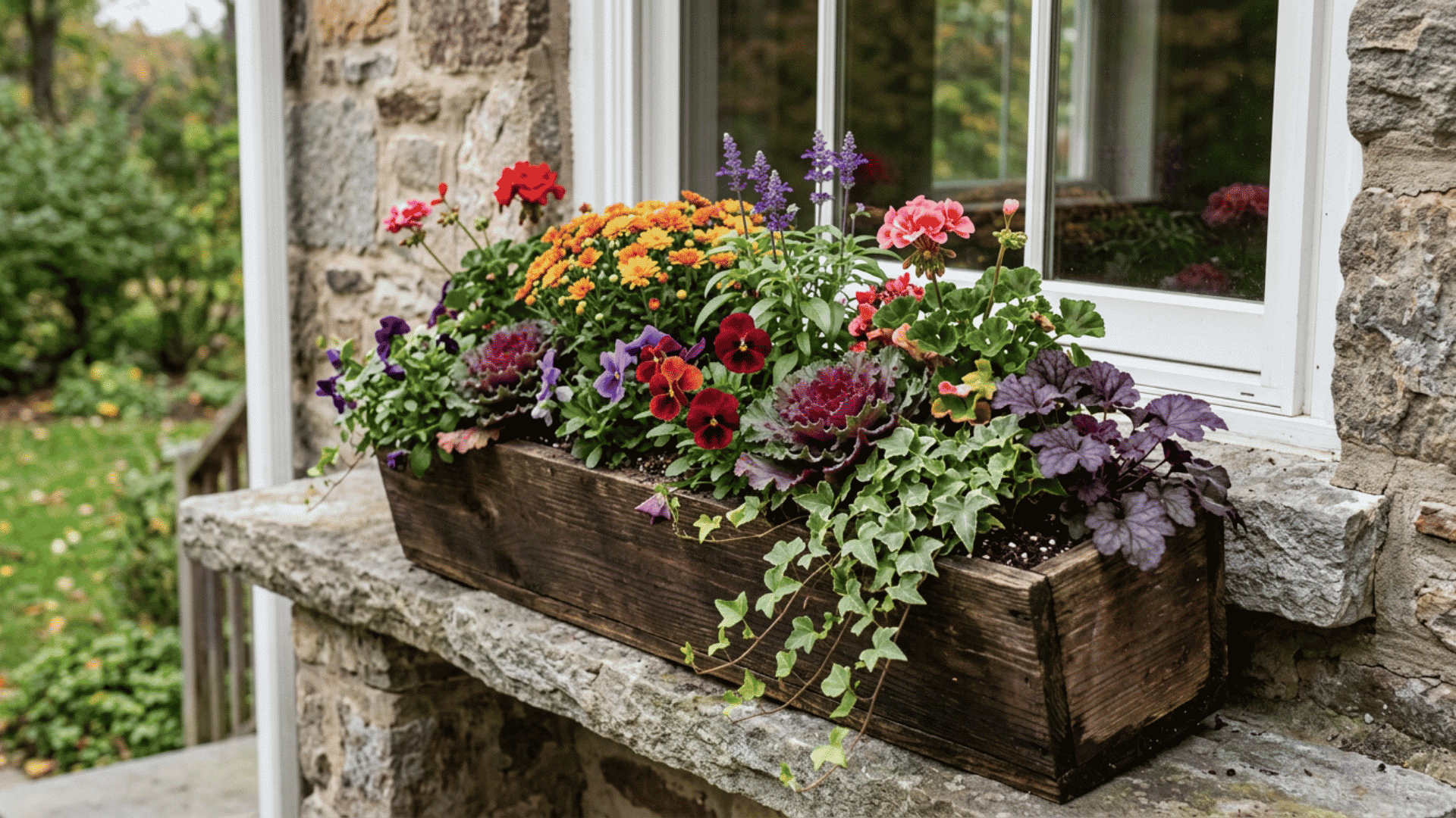 Seasonal wooden flower box on a stone ledge filled with a mix of pink, red, yellow, purple, and white flowers with trailing greenery.