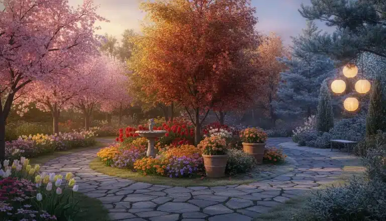 Colorful garden with blooming flowers and stone pathway under soft sunset light