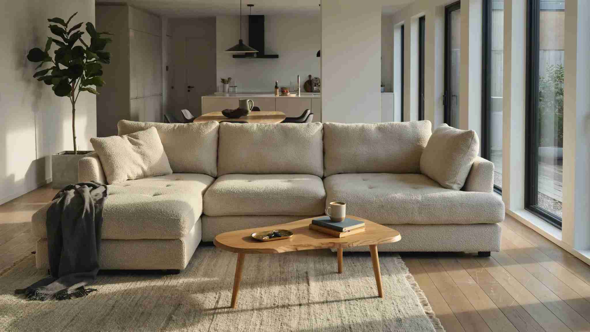 Large L-shaped sectional sofa in modern open-plan living room with neutral tones and natural light.
