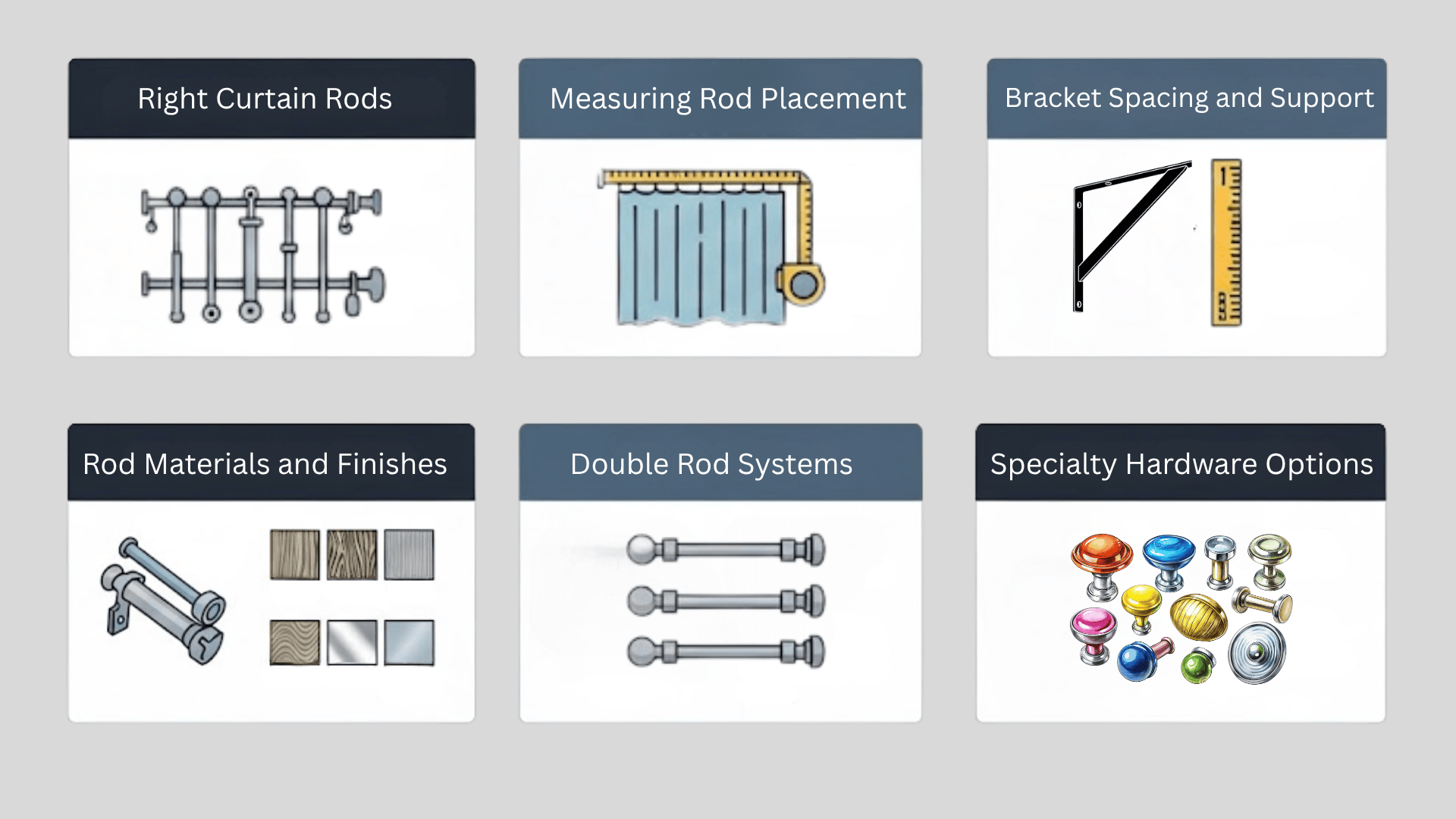 Six panels showing curtain hardware options: rods, placement, bracket spacing, materials, double rods, and specialty hooks.