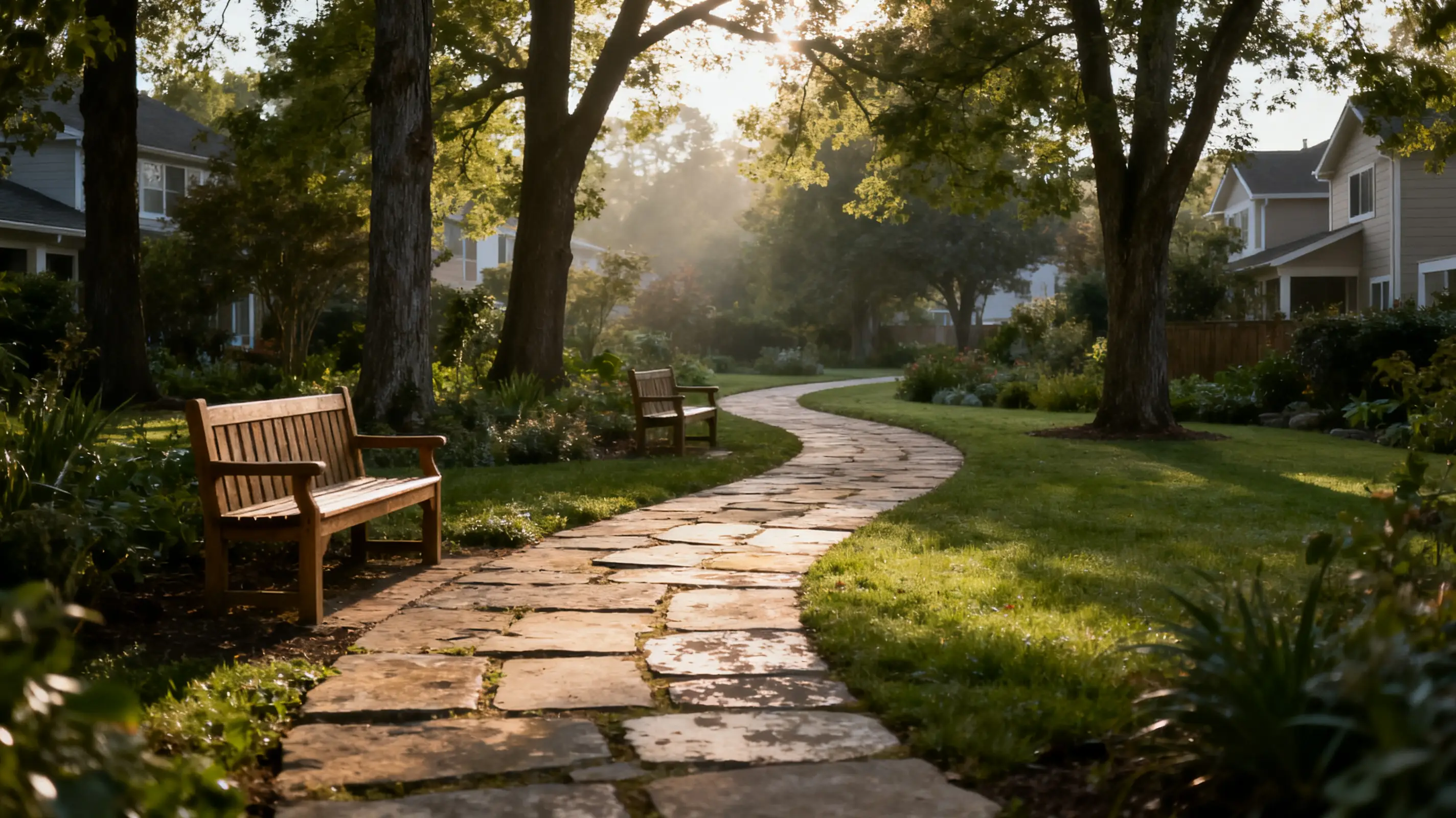 Stone pathway winding through lush garden with wooden benches under tall trees in soft morning light