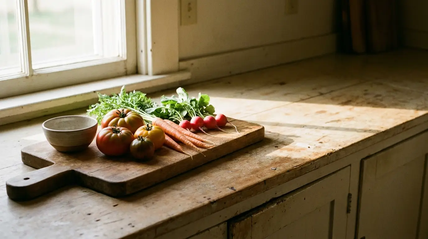 Fresh tomatoes, carrots, and radishes on wooden cutting board in rustic kitchen setting