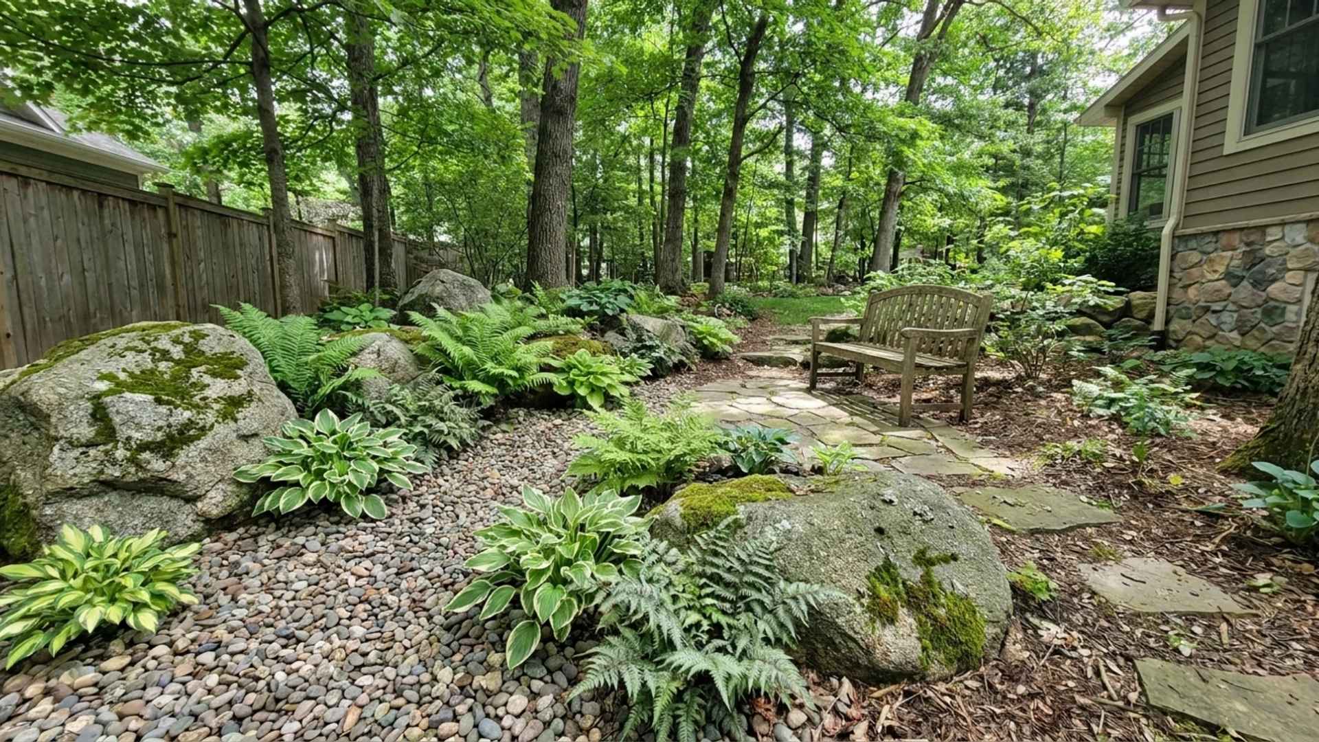 Shaded rock garden with hostas, ferns, boulders, and a stone path beside a wooded backyard.