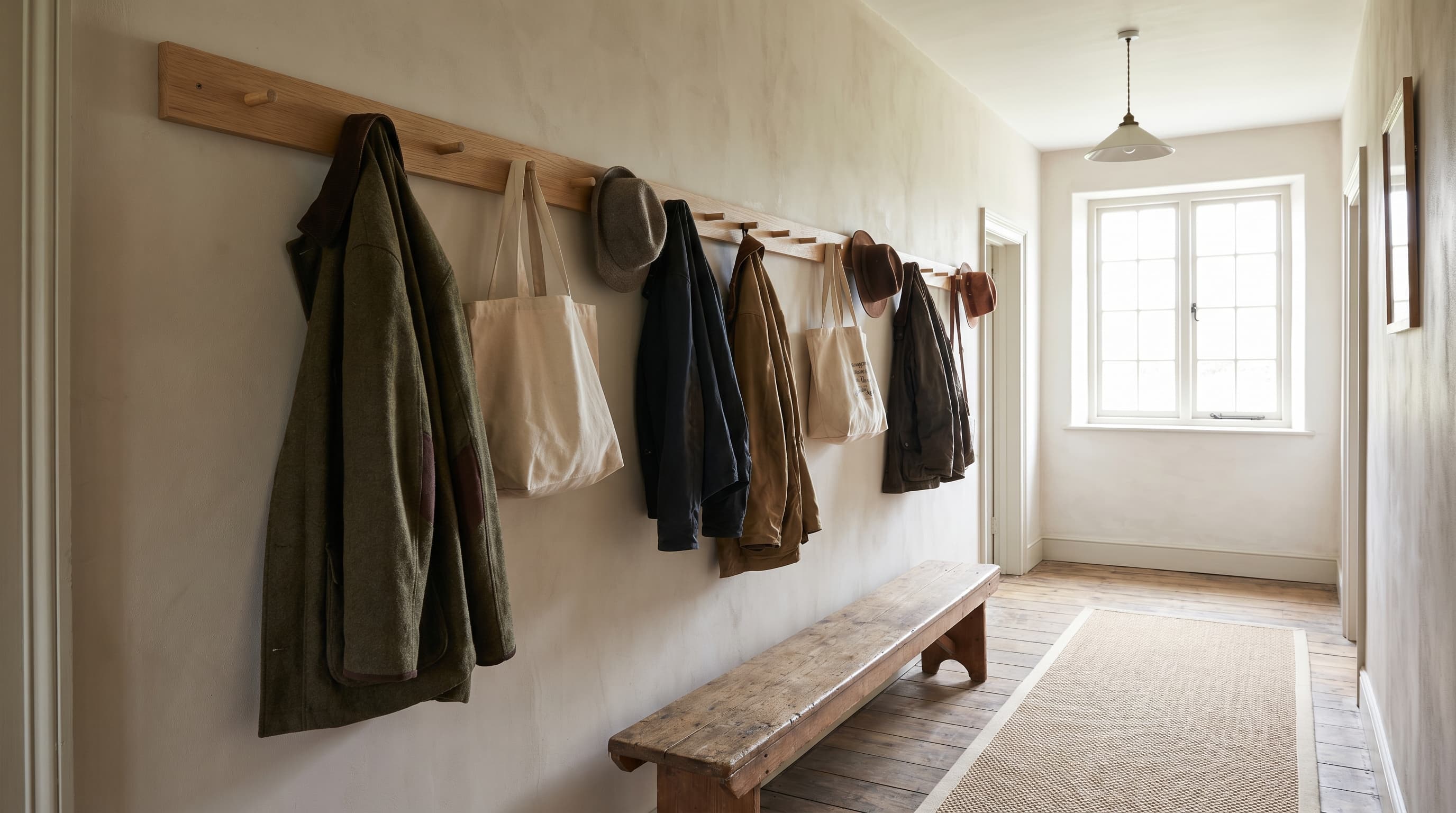 Practical hallway decor ideas featuring a shaker-style peg rail, hanging coats, canvas bags, and a rustic wooden bench.
