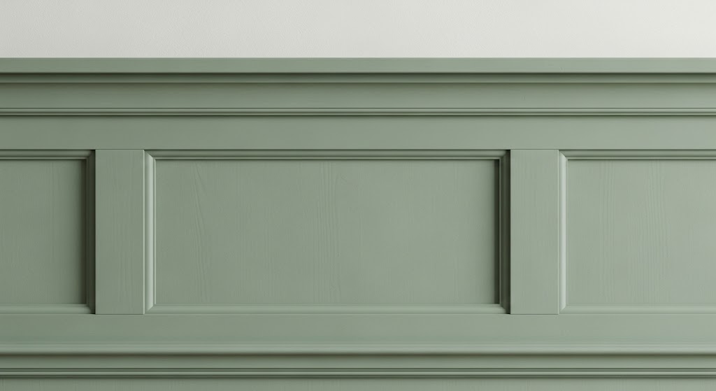 A close-up shot of Shaker-style wainscoting featuring clean, recessed rectangular wooden panels painted in a muted sage green color.