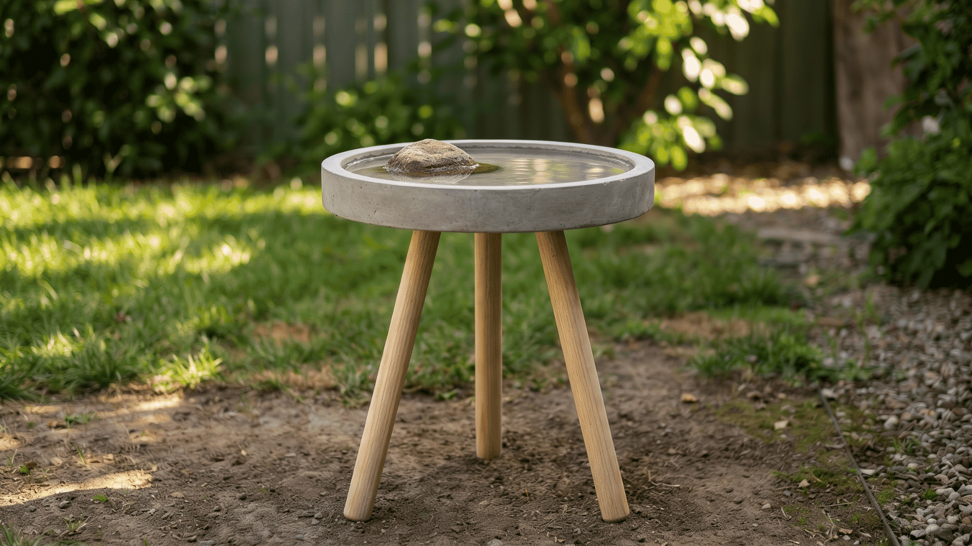 shallow-dish-on-three-wooden-dowels-with-a-rock-inside-placed-outdoors-for-birds