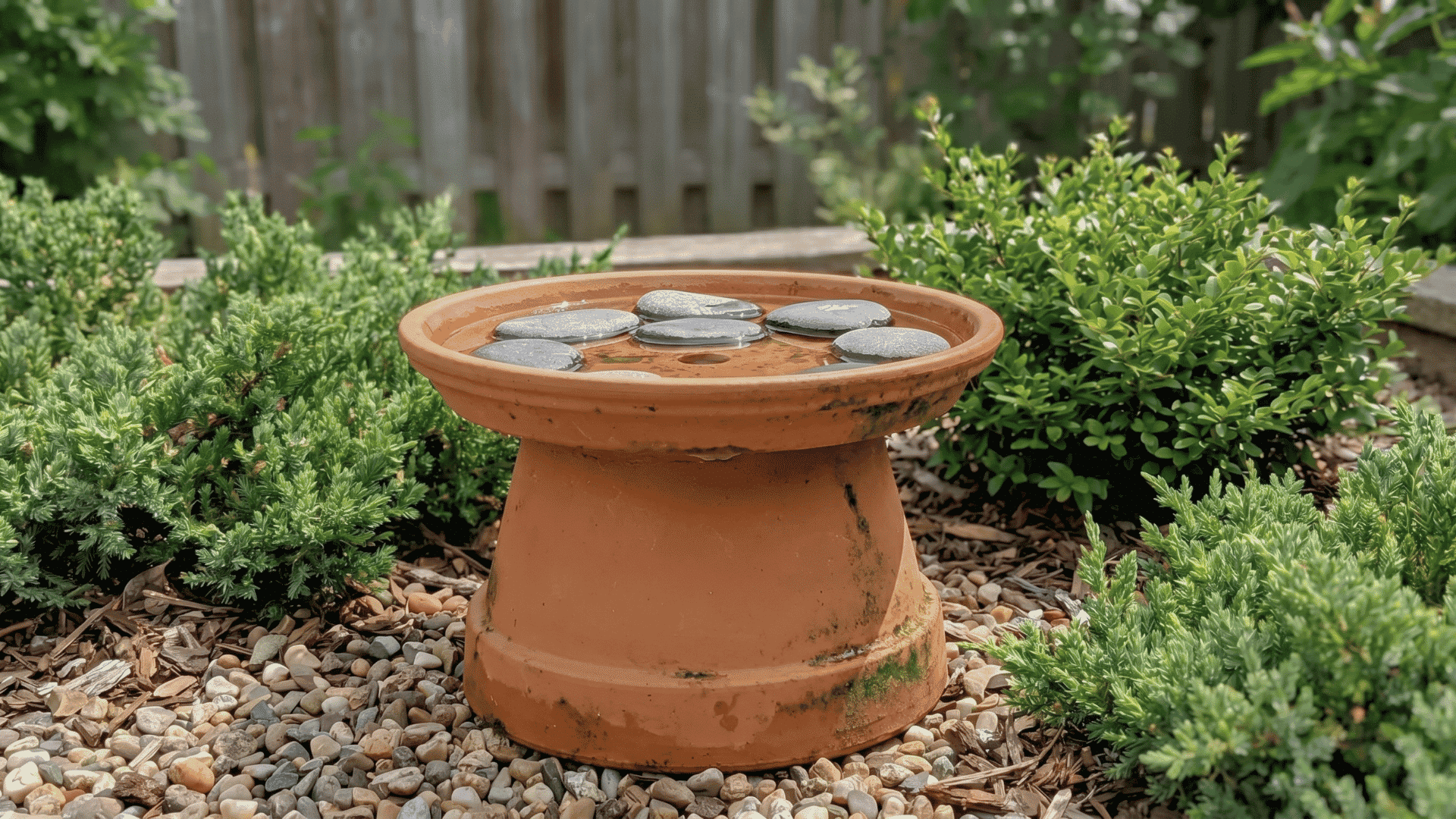 Shallow plant saucer on an inverted pot with stones inside, set near shrubs for birds.