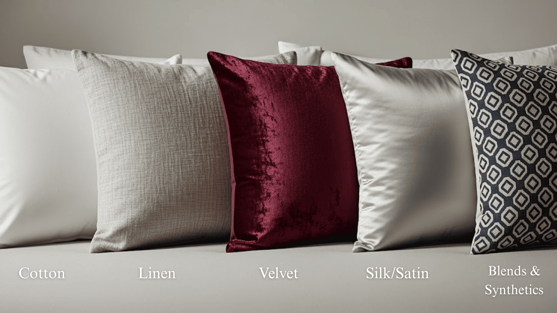 A visual comparison of bedroom sham materials including cotton, linen, velvet, silk, and synthetic blends.