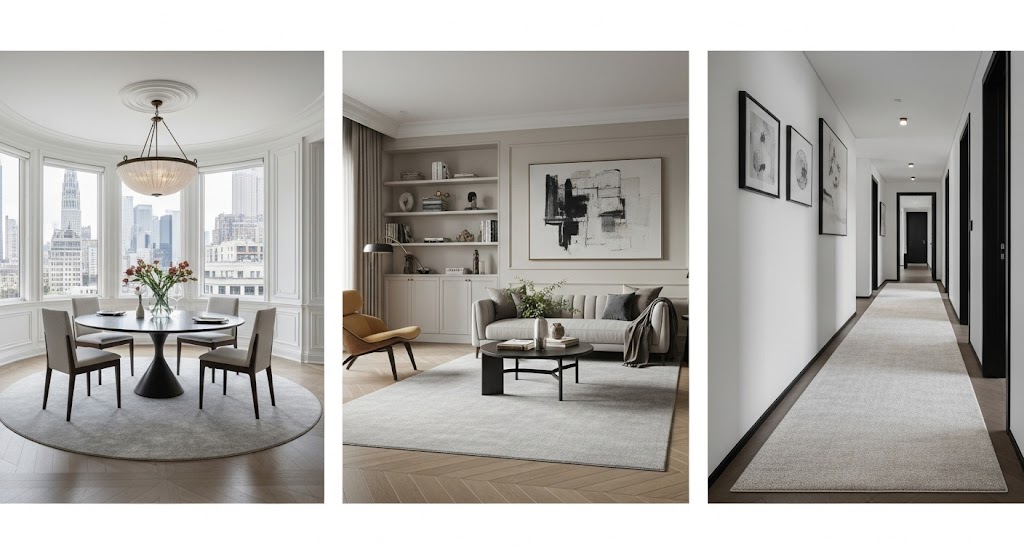 A three-panel collage showcasing a round rug in a dining room, a rectangular rug in a living room, and a runner rug in a hallway.