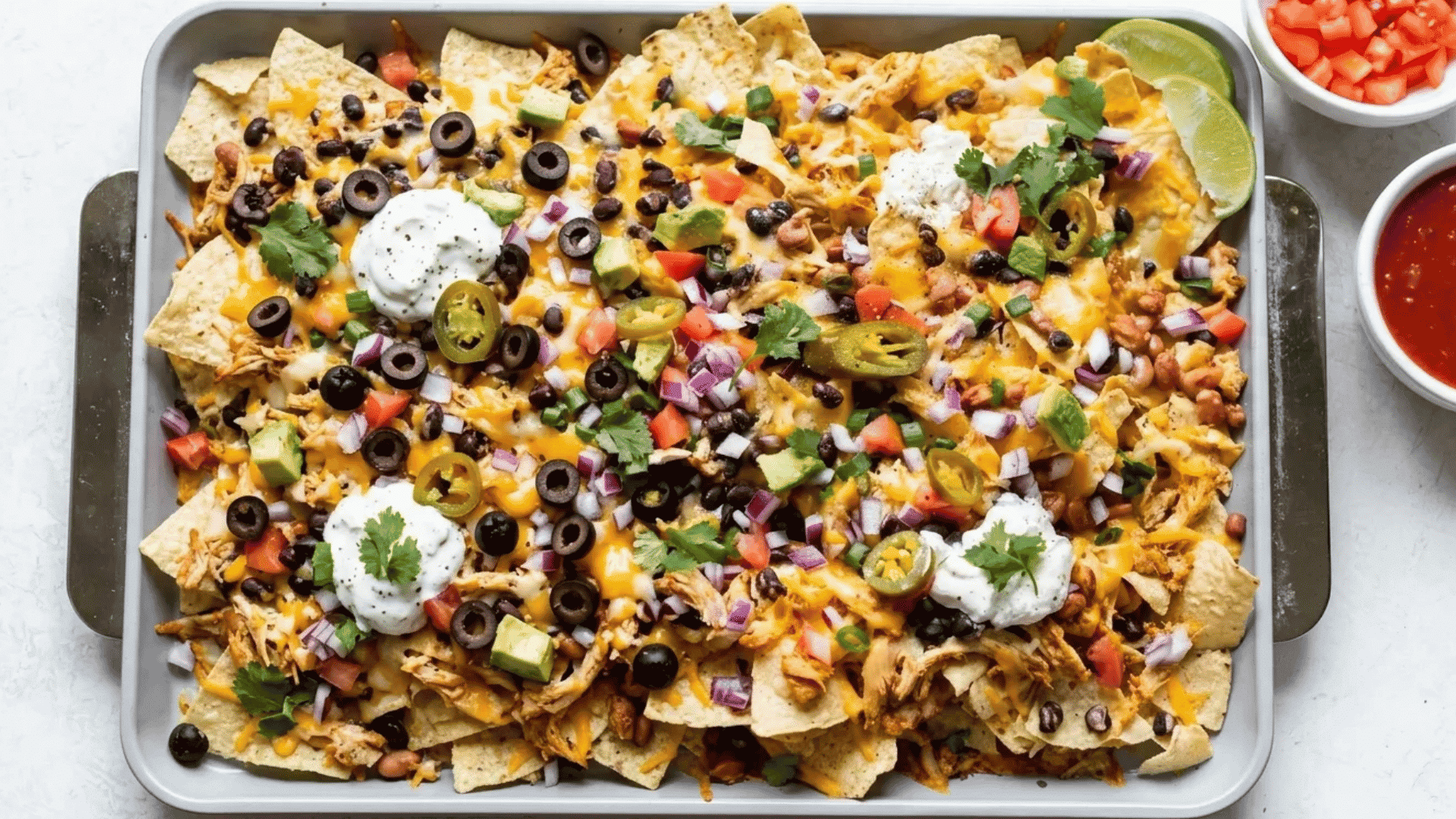 Loaded sheet pan chicken nachos with melted cheese, black beans, olives, jalapeños, avocado, sour cream, and fresh cilantro.