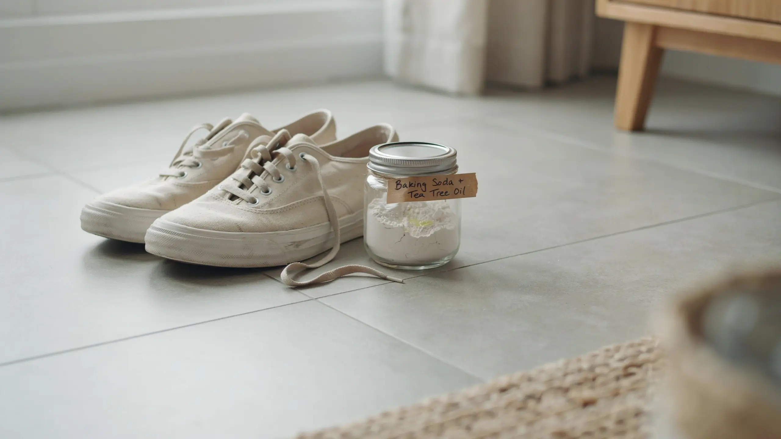 Baking soda and tea tree oil powder used inside shoes for odor removal overnight.