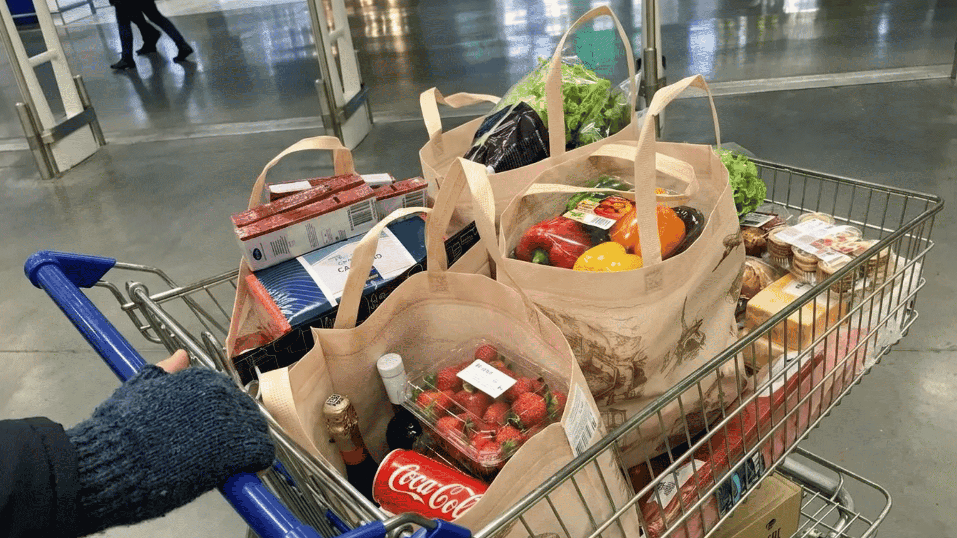 Shopping cart filled with grocery bags, fresh produce, snacks, and everyday household essentials.