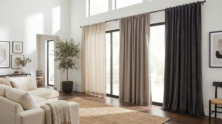 Comparison of float, kiss, and puddle curtain lengths in a bright living room with tall windows.