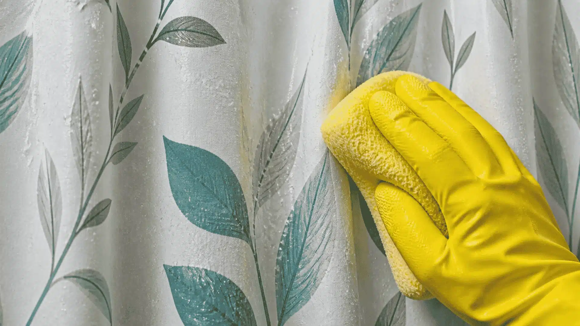 shower curtain being cleaned with a sponge while hanging in a bathroom