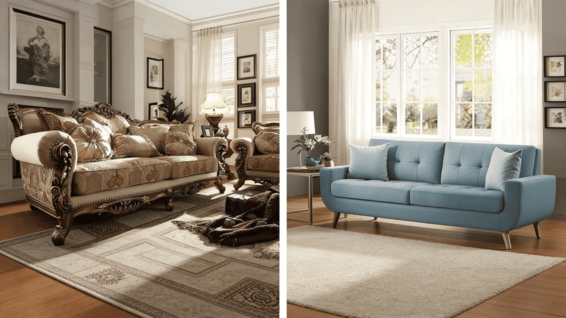 Side-by-side view of a classic ornate sofa with patterned cushions and a modern minimalist sofa in light blue with clean lines.