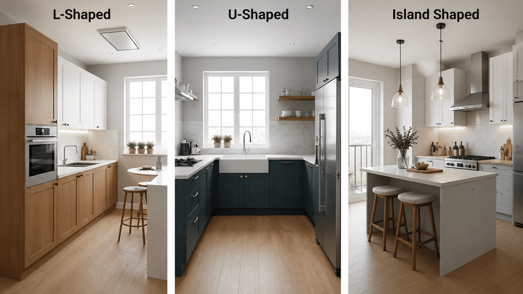Side-by-side comparison of three modern kitchen layouts: L-shaped, U-shaped, and island-shaped.