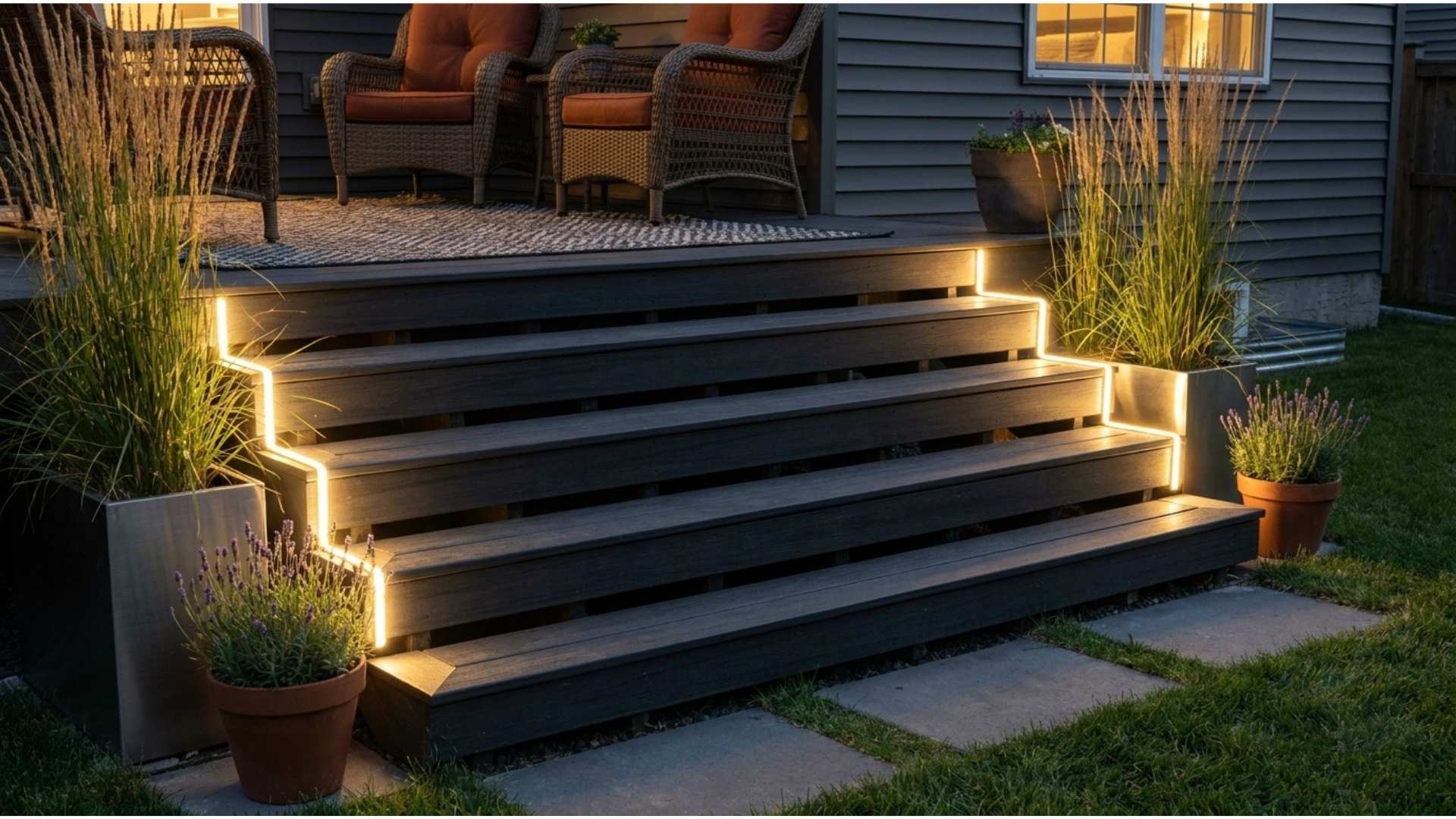 Outdoor deck stairs at night with warm LED light strips glowing from the side edges of each stair tread
