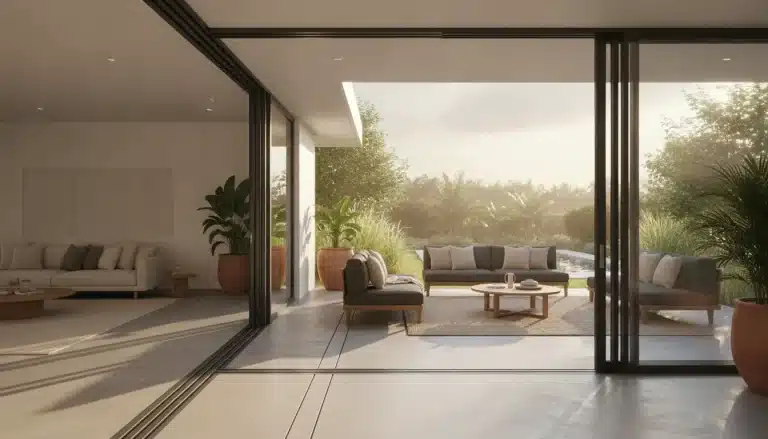 Indoor and outdoor seating area with modern sofas and large potted plants in warm sunlight