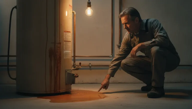 Technician inspecting a leaking water heater in dimly lit basement with exposed pipes