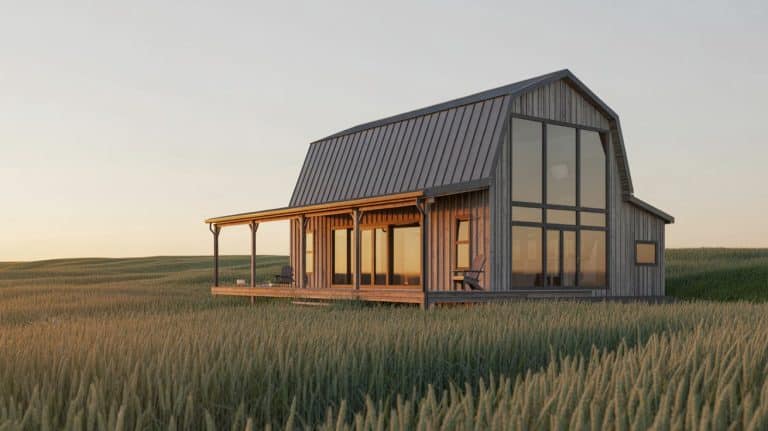 A modern, two-story barndominium house with a gray metal roof, wooden siding, and large grid windows in a grassy field.