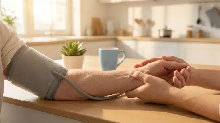 Blood pressure monitor on arm with supportive hand in a sunlit kitchen setting