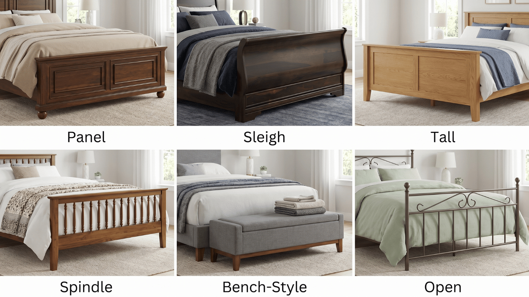 Six bed footboard styles shown in a grid, labeled as panel, sleigh, tall, spindle, bench-style, and open designs.