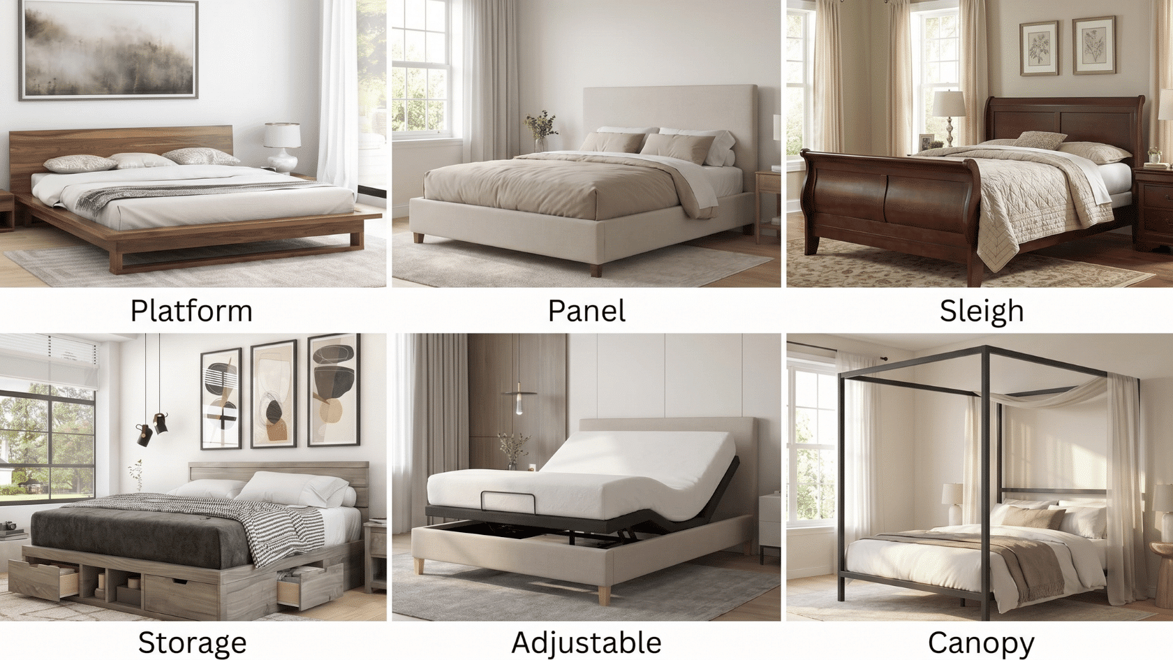 Six bed frame styles shown in a grid, including platform, panel, sleigh, storage, adjustable, and canopy designs.