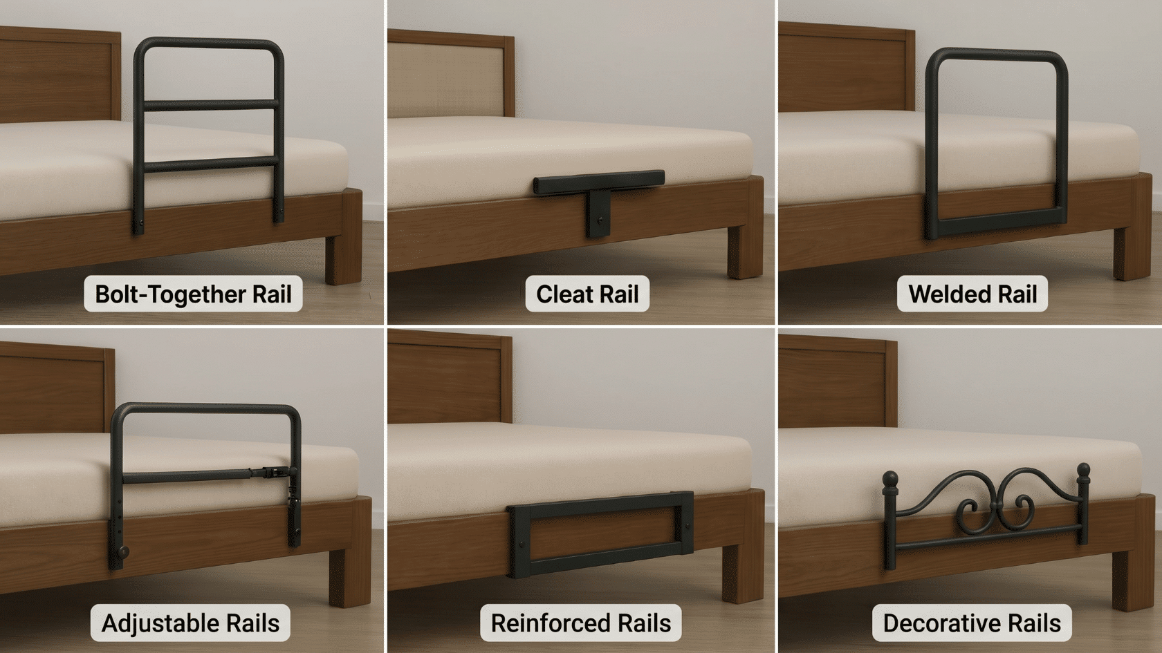 Six bed safety rail styles shown in a grid, including bolt-together, cleat, welded, adjustable, reinforced, and decorative rails.