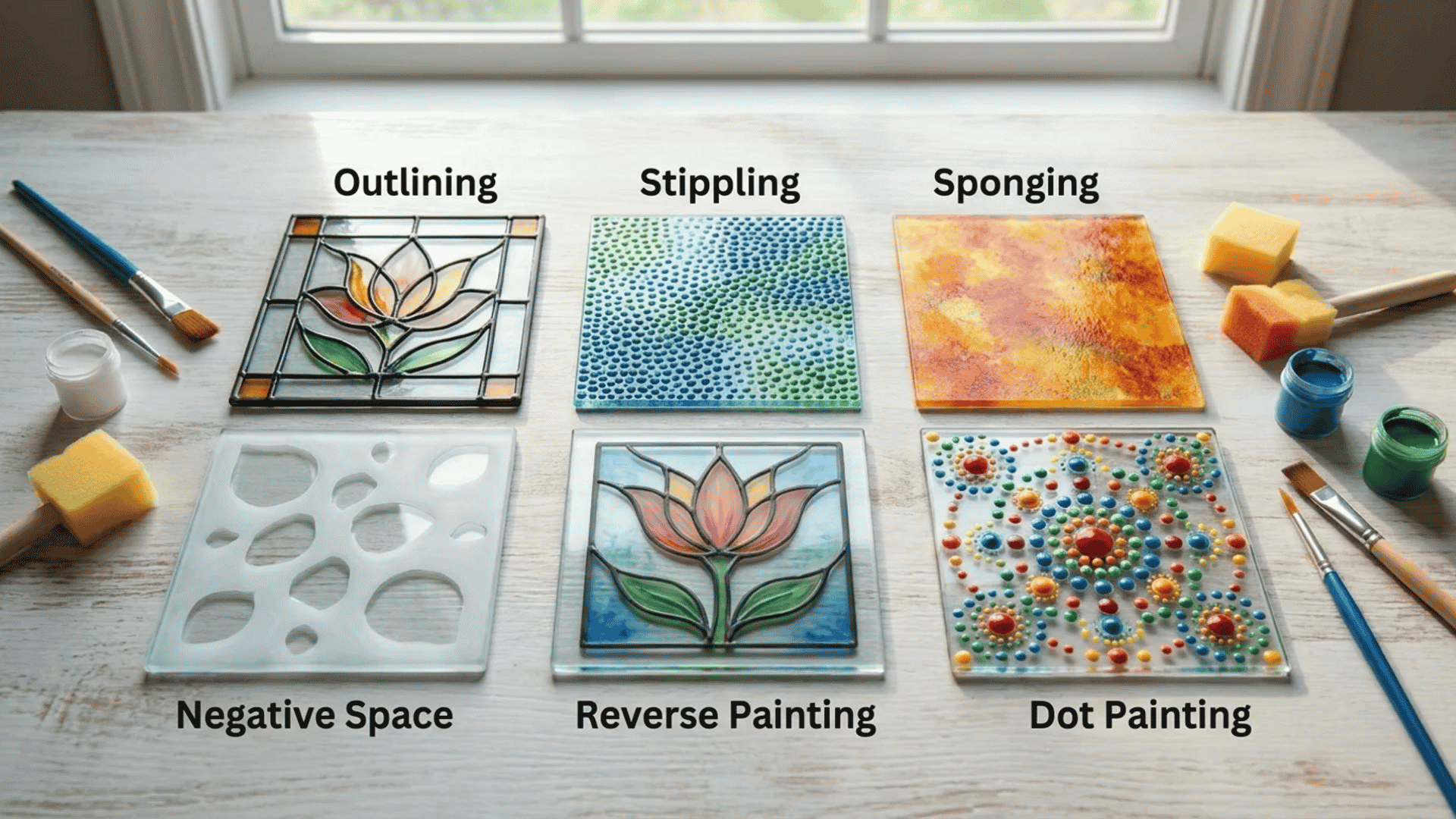 Examples of glass painting techniques on clear glass panels