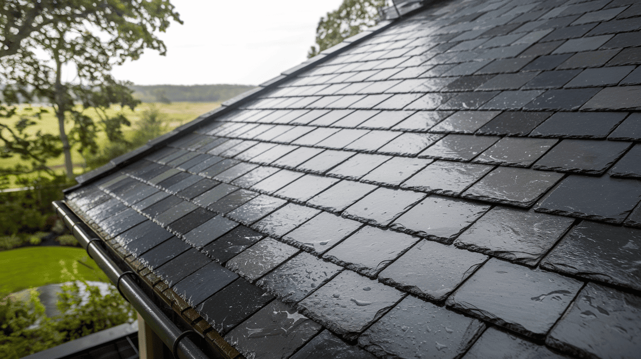 Distinctive, natural gray stone slate tiles layered precisely on a steep luxury home roof line.