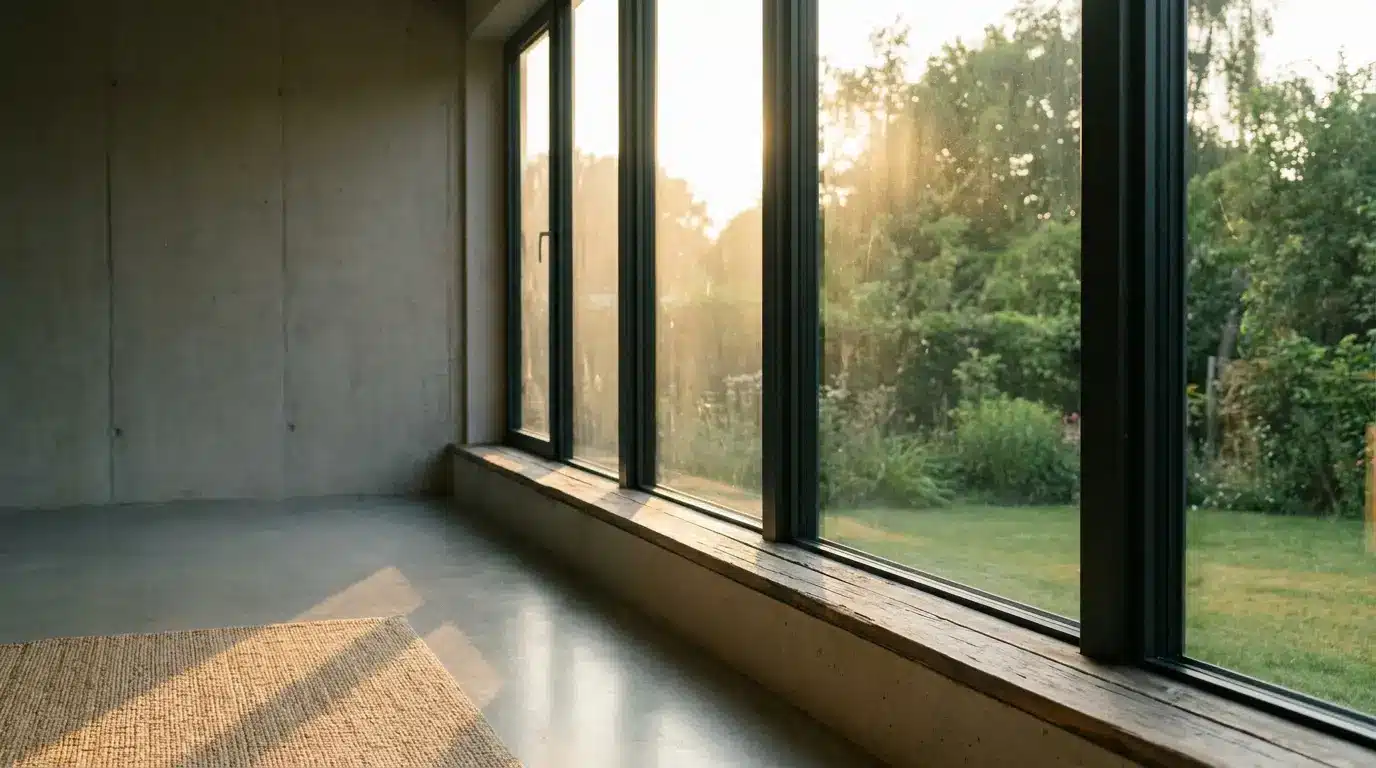 Large glass windows in a minimalist room with warm sunlight and garden view