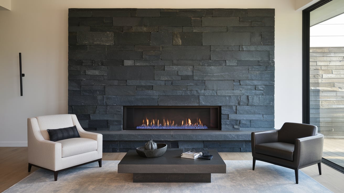 Modern living room featuring a sleek black slate rock panel fireplace accent wall with a linear gas fire.